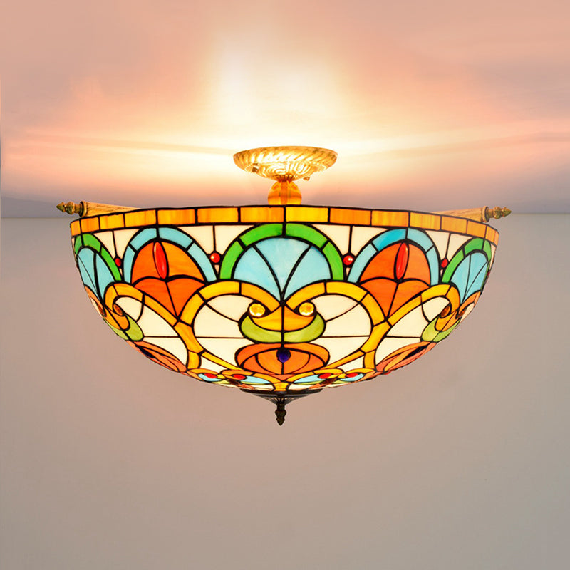 21.5"/25.5" W Brass Jewel Ceiling Lamp Baroque 5 Bulbs Multicolored Stained Glass Semi Flush Mount Lighting Brass 25.5" Clearhalo 'Ceiling Lights' 'Chandeliers' 'Close To Ceiling Lights' 'Close to ceiling' 'Glass shade' 'Glass' 'Semi-flushmount' 'Tiffany close to ceiling' 'Tiffany' Lighting' 296524