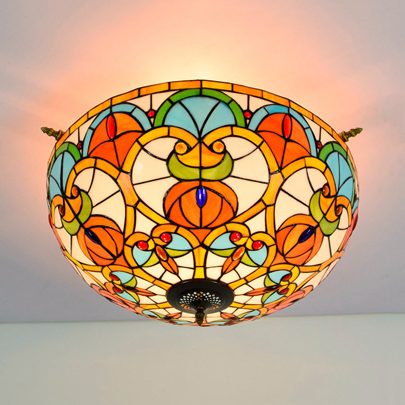 21.5"/25.5" W Brass Jewel Ceiling Lamp Baroque 5 Bulbs Multicolored Stained Glass Semi Flush Mount Lighting Clearhalo 'Ceiling Lights' 'Chandeliers' 'Close To Ceiling Lights' 'Close to ceiling' 'Glass shade' 'Glass' 'Semi-flushmount' 'Tiffany close to ceiling' 'Tiffany' Lighting' 296525
