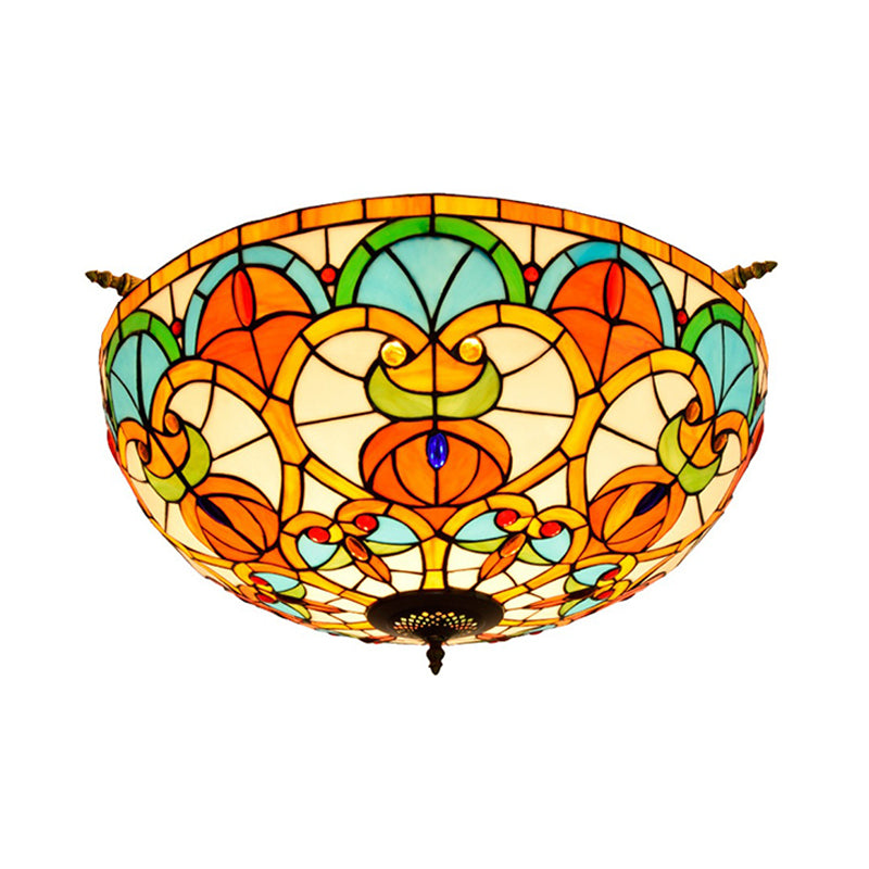 21.5"/25.5" W Brass Jewel Ceiling Lamp Baroque 5 Bulbs Multicolored Stained Glass Semi Flush Mount Lighting Clearhalo 'Ceiling Lights' 'Chandeliers' 'Close To Ceiling Lights' 'Close to ceiling' 'Glass shade' 'Glass' 'Semi-flushmount' 'Tiffany close to ceiling' 'Tiffany' Lighting' 296526