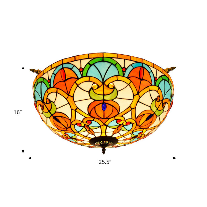 21.5"/25.5" W Brass Jewel Ceiling Lamp Baroque 5 Bulbs Multicolored Stained Glass Semi Flush Mount Lighting Clearhalo 'Ceiling Lights' 'Chandeliers' 'Close To Ceiling Lights' 'Close to ceiling' 'Glass shade' 'Glass' 'Semi-flushmount' 'Tiffany close to ceiling' 'Tiffany' Lighting' 296527