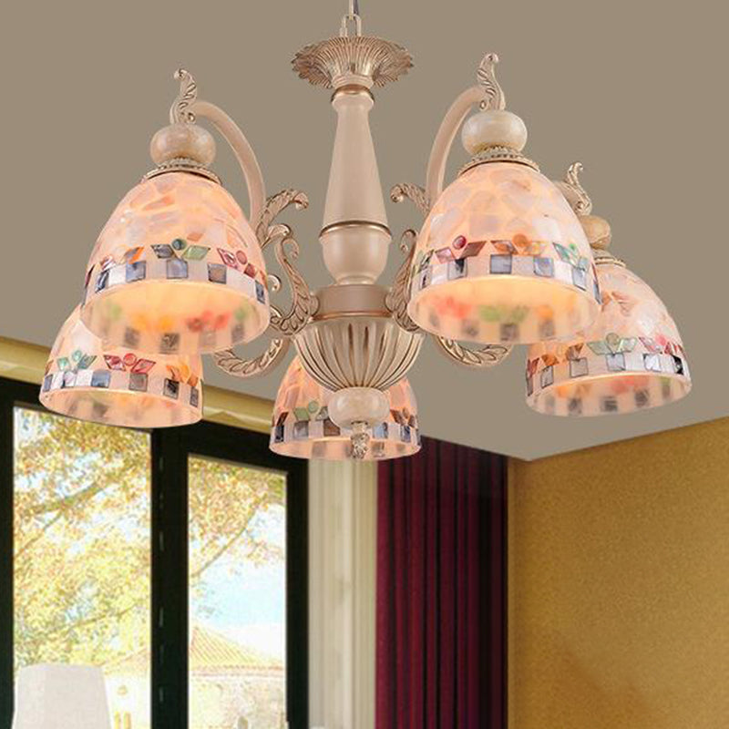 Mosaic Stained Glass Pendant Chandelier Mediterranean 3/5/9 Lights Beige Drop Lamp for Living Room 5 Beige Clearhalo 'Ceiling Lights' 'Chandeliers' 'Close To Ceiling Lights' 'Industrial' 'Middle Century Chandeliers' 'Tiffany Chandeliers' 'Tiffany close to ceiling' 'Tiffany' Lighting' 296528