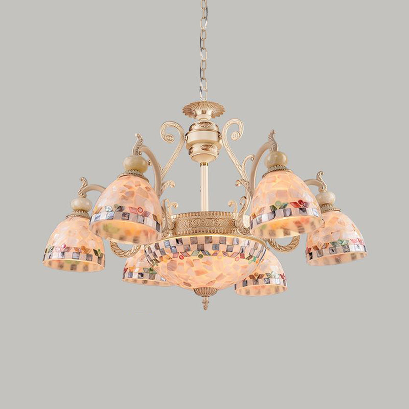 Mosaic Stained Glass Pendant Chandelier Mediterranean 3/5/9 Lights Beige Drop Lamp for Living Room 9 Beige Clearhalo 'Ceiling Lights' 'Chandeliers' 'Close To Ceiling Lights' 'Industrial' 'Middle Century Chandeliers' 'Tiffany Chandeliers' 'Tiffany close to ceiling' 'Tiffany' Lighting' 296536