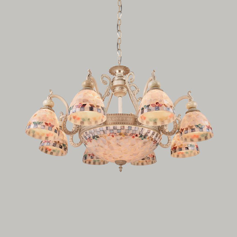 Mosaic Stained Glass Pendant Chandelier Mediterranean 3/5/9 Lights Beige Drop Lamp for Living Room 11 Beige Clearhalo 'Ceiling Lights' 'Chandeliers' 'Close To Ceiling Lights' 'Industrial' 'Middle Century Chandeliers' 'Tiffany Chandeliers' 'Tiffany close to ceiling' 'Tiffany' Lighting' 296538