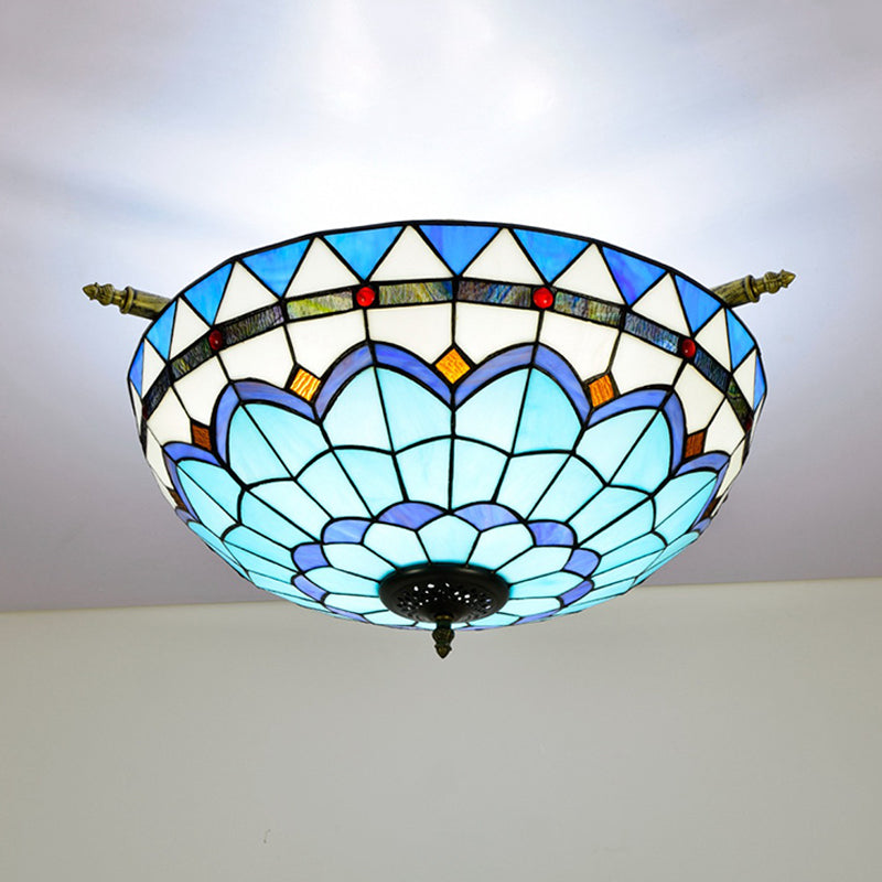 Baroque Dome Semi Flush Mount Lighting 5 Bulbs Handcrafted Stained Glass Close to Ceiling Lamp in White/Blue, 21.5"/25.5" W Blue 21.5" Clearhalo 'Ceiling Lights' 'Chandeliers' 'Close To Ceiling Lights' 'Close to ceiling' 'Glass shade' 'Glass' 'Semi-flushmount' 'Tiffany close to ceiling' 'Tiffany' Lighting' 296540