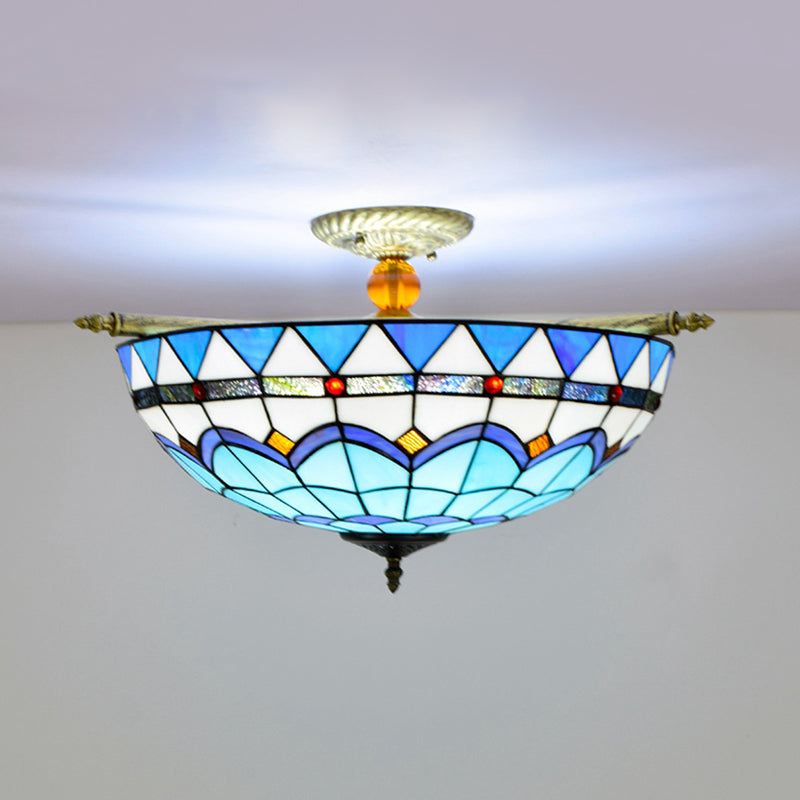 Baroque Dome Semi Flush Mount Lighting 5 Bulbs Handcrafted Stained Glass Close to Ceiling Lamp in White/Blue, 21.5"/25.5" W Clearhalo 'Ceiling Lights' 'Chandeliers' 'Close To Ceiling Lights' 'Close to ceiling' 'Glass shade' 'Glass' 'Semi-flushmount' 'Tiffany close to ceiling' 'Tiffany' Lighting' 296541