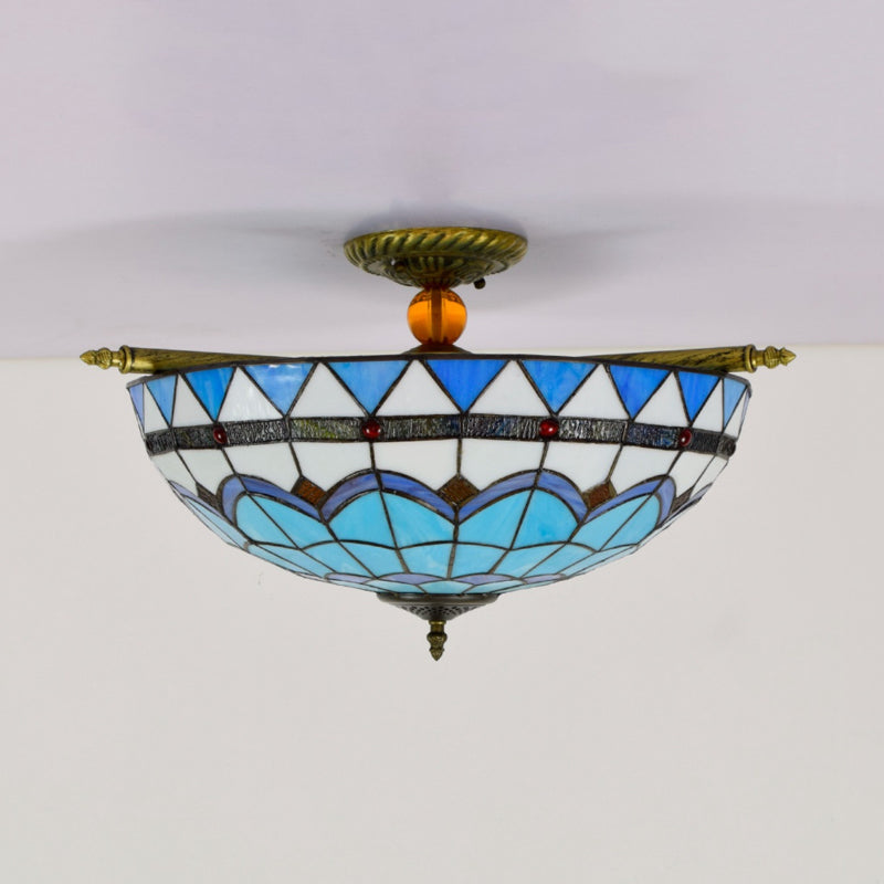 Baroque Dome Semi Flush Mount Lighting 5 Bulbs Handcrafted Stained Glass Close to Ceiling Lamp in White/Blue, 21.5"/25.5" W Clearhalo 'Ceiling Lights' 'Chandeliers' 'Close To Ceiling Lights' 'Close to ceiling' 'Glass shade' 'Glass' 'Semi-flushmount' 'Tiffany close to ceiling' 'Tiffany' Lighting' 296542
