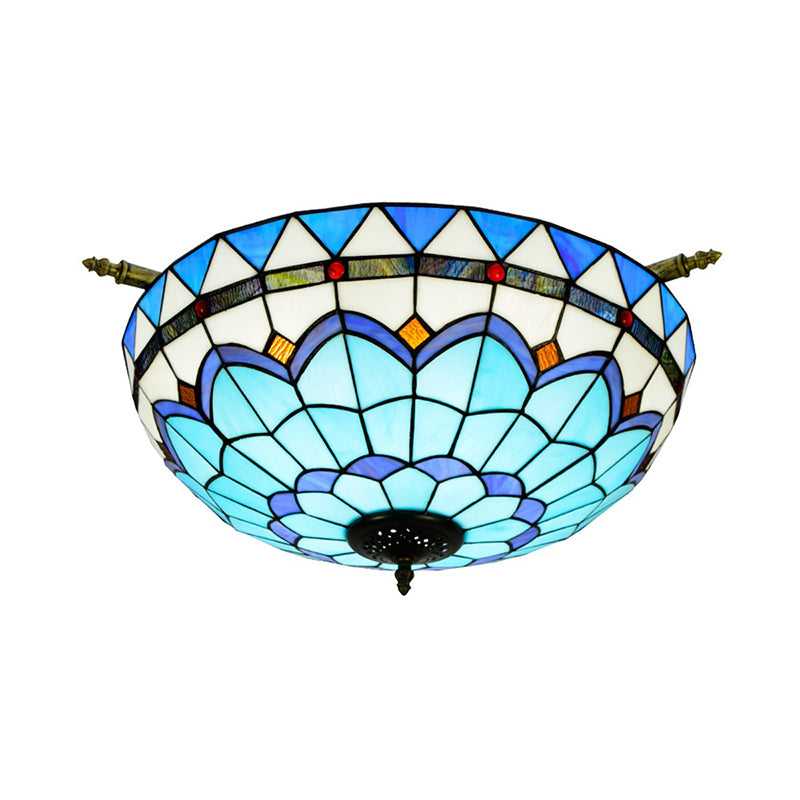 Baroque Dome Semi Flush Mount Lighting 5 Bulbs Handcrafted Stained Glass Close to Ceiling Lamp in White/Blue, 21.5"/25.5" W Clearhalo 'Ceiling Lights' 'Chandeliers' 'Close To Ceiling Lights' 'Close to ceiling' 'Glass shade' 'Glass' 'Semi-flushmount' 'Tiffany close to ceiling' 'Tiffany' Lighting' 296543