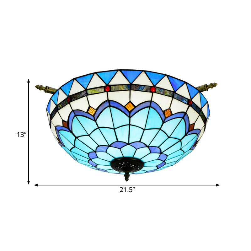 Baroque Dome Semi Flush Mount Lighting 5 Bulbs Handcrafted Stained Glass Close to Ceiling Lamp in White/Blue, 21.5"/25.5" W Clearhalo 'Ceiling Lights' 'Chandeliers' 'Close To Ceiling Lights' 'Close to ceiling' 'Glass shade' 'Glass' 'Semi-flushmount' 'Tiffany close to ceiling' 'Tiffany' Lighting' 296544