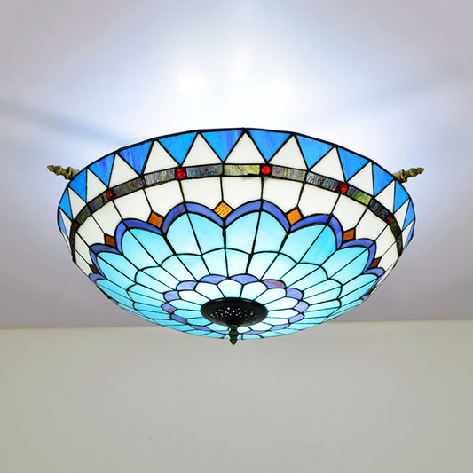 Baroque Dome Semi Flush Mount Lighting 5 Bulbs Handcrafted Stained Glass Close to Ceiling Lamp in White/Blue, 21.5"/25.5" W Blue 25.5" Clearhalo 'Ceiling Lights' 'Chandeliers' 'Close To Ceiling Lights' 'Close to ceiling' 'Glass shade' 'Glass' 'Semi-flushmount' 'Tiffany close to ceiling' 'Tiffany' Lighting' 296545