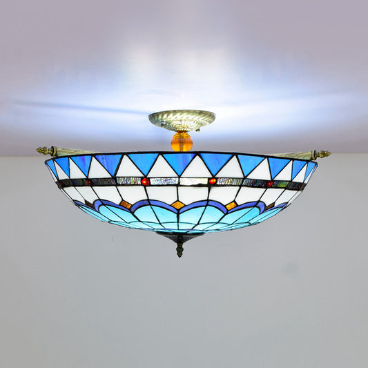 Baroque Dome Semi Flush Mount Lighting 5 Bulbs Handcrafted Stained Glass Close to Ceiling Lamp in White/Blue, 21.5"/25.5" W Clearhalo 'Ceiling Lights' 'Chandeliers' 'Close To Ceiling Lights' 'Close to ceiling' 'Glass shade' 'Glass' 'Semi-flushmount' 'Tiffany close to ceiling' 'Tiffany' Lighting' 296546