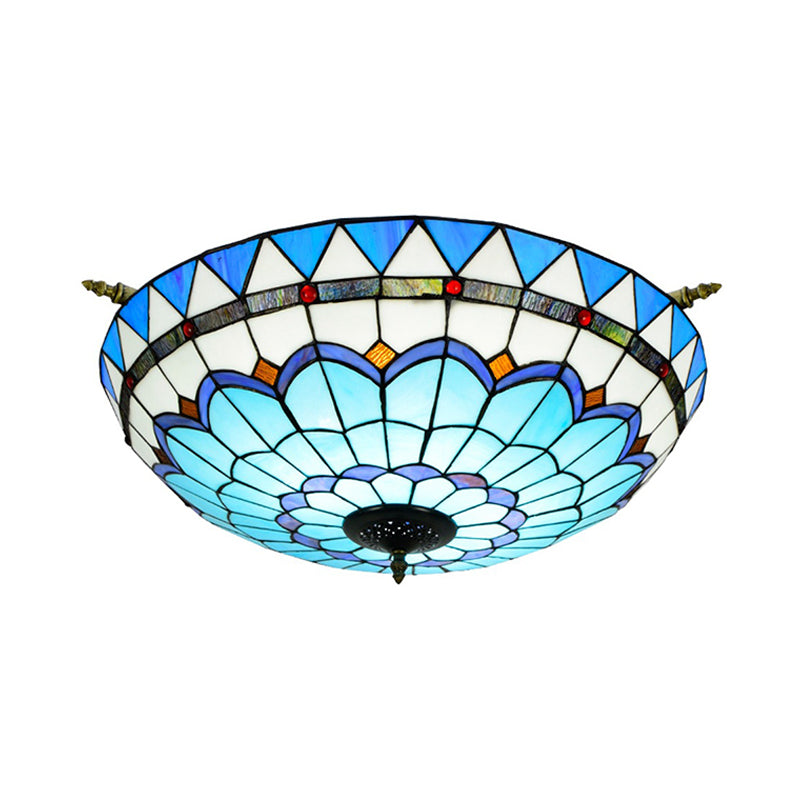 Baroque Dome Semi Flush Mount Lighting 5 Bulbs Handcrafted Stained Glass Close to Ceiling Lamp in White/Blue, 21.5"/25.5" W Clearhalo 'Ceiling Lights' 'Chandeliers' 'Close To Ceiling Lights' 'Close to ceiling' 'Glass shade' 'Glass' 'Semi-flushmount' 'Tiffany close to ceiling' 'Tiffany' Lighting' 296547