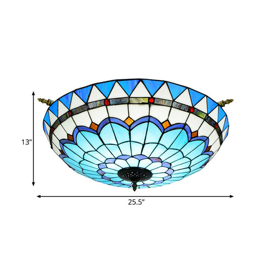 Baroque Dome Semi Flush Mount Lighting 5 Bulbs Handcrafted Stained Glass Close to Ceiling Lamp in White/Blue, 21.5"/25.5" W Clearhalo 'Ceiling Lights' 'Chandeliers' 'Close To Ceiling Lights' 'Close to ceiling' 'Glass shade' 'Glass' 'Semi-flushmount' 'Tiffany close to ceiling' 'Tiffany' Lighting' 296548