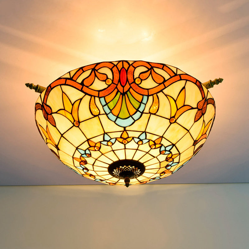 Baroque Dome Semi Flush Mount Lighting 5 Bulbs Handcrafted Stained Glass Close to Ceiling Lamp in White/Blue, 21.5"/25.5" W White 21.5" Clearhalo 'Ceiling Lights' 'Chandeliers' 'Close To Ceiling Lights' 'Close to ceiling' 'Glass shade' 'Glass' 'Semi-flushmount' 'Tiffany close to ceiling' 'Tiffany' Lighting' 296549