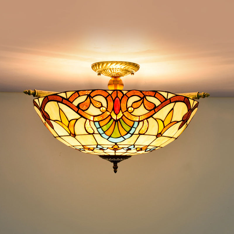 Baroque Dome Semi Flush Mount Lighting 5 Bulbs Handcrafted Stained Glass Close to Ceiling Lamp in White/Blue, 21.5"/25.5" W Clearhalo 'Ceiling Lights' 'Chandeliers' 'Close To Ceiling Lights' 'Close to ceiling' 'Glass shade' 'Glass' 'Semi-flushmount' 'Tiffany close to ceiling' 'Tiffany' Lighting' 296550