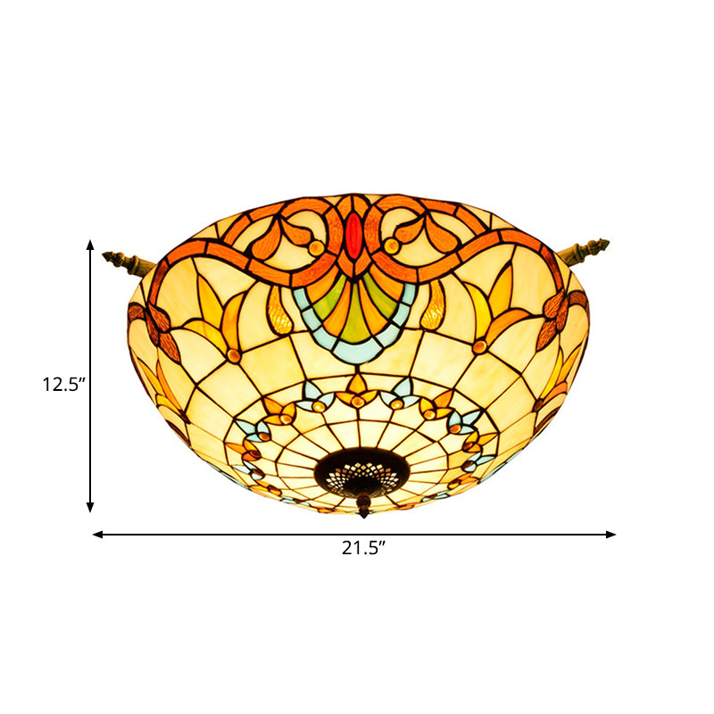 Baroque Dome Semi Flush Mount Lighting 5 Bulbs Handcrafted Stained Glass Close to Ceiling Lamp in White/Blue, 21.5"/25.5" W Clearhalo 'Ceiling Lights' 'Chandeliers' 'Close To Ceiling Lights' 'Close to ceiling' 'Glass shade' 'Glass' 'Semi-flushmount' 'Tiffany close to ceiling' 'Tiffany' Lighting' 296552