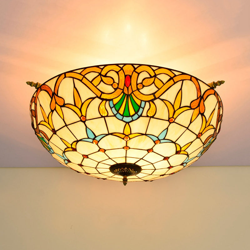 Baroque Dome Semi Flush Mount Lighting 5 Bulbs Handcrafted Stained Glass Close to Ceiling Lamp in White/Blue, 21.5"/25.5" W White 25.5" Clearhalo 'Ceiling Lights' 'Chandeliers' 'Close To Ceiling Lights' 'Close to ceiling' 'Glass shade' 'Glass' 'Semi-flushmount' 'Tiffany close to ceiling' 'Tiffany' Lighting' 296553