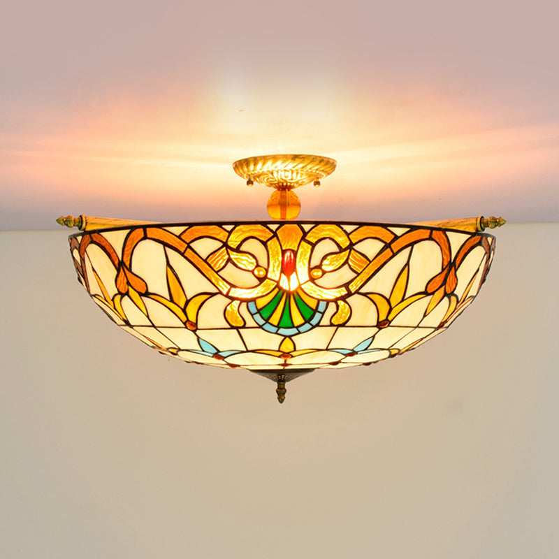 Baroque Dome Semi Flush Mount Lighting 5 Bulbs Handcrafted Stained Glass Close to Ceiling Lamp in White/Blue, 21.5"/25.5" W Clearhalo 'Ceiling Lights' 'Chandeliers' 'Close To Ceiling Lights' 'Close to ceiling' 'Glass shade' 'Glass' 'Semi-flushmount' 'Tiffany close to ceiling' 'Tiffany' Lighting' 296554