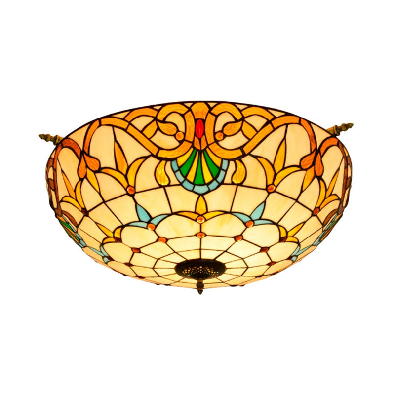 Baroque Dome Semi Flush Mount Lighting 5 Bulbs Handcrafted Stained Glass Close to Ceiling Lamp in White/Blue, 21.5"/25.5" W Clearhalo 'Ceiling Lights' 'Chandeliers' 'Close To Ceiling Lights' 'Close to ceiling' 'Glass shade' 'Glass' 'Semi-flushmount' 'Tiffany close to ceiling' 'Tiffany' Lighting' 296555