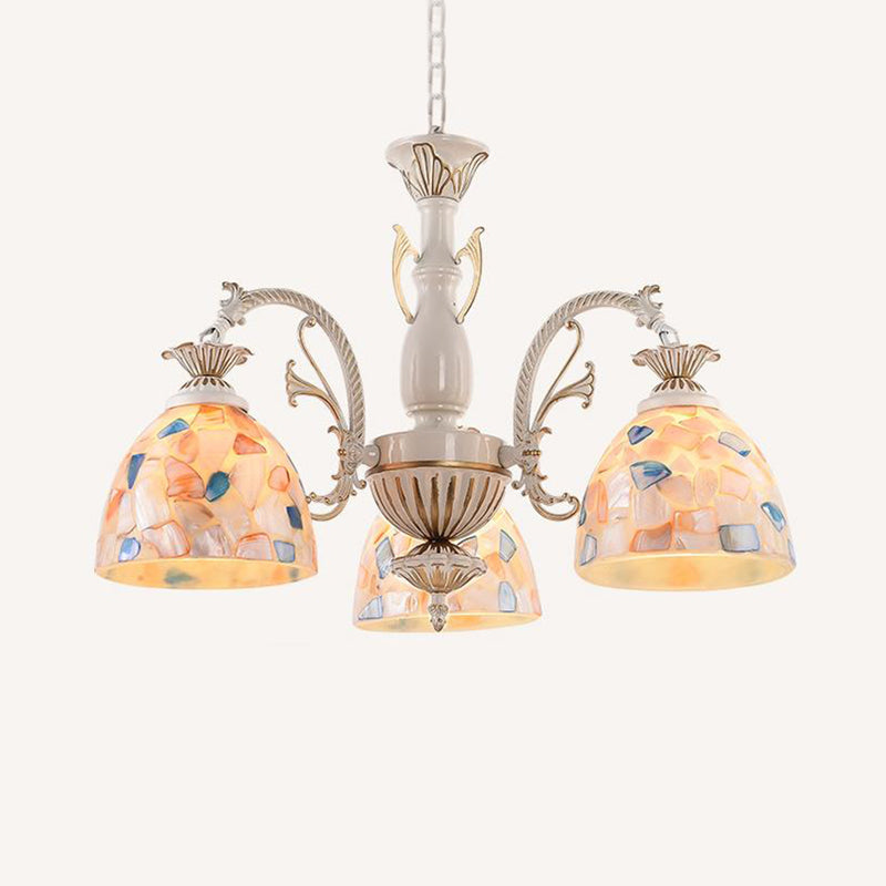 Stained Glass White and Gold Ceiling Chandelier Dome 3/5/9 Lights Tiffany Pendant Lighting Clearhalo 'Ceiling Lights' 'Chandeliers' 'Close To Ceiling Lights' 'Industrial' 'Middle Century Chandeliers' 'Tiffany Chandeliers' 'Tiffany close to ceiling' 'Tiffany' Lighting' 296560