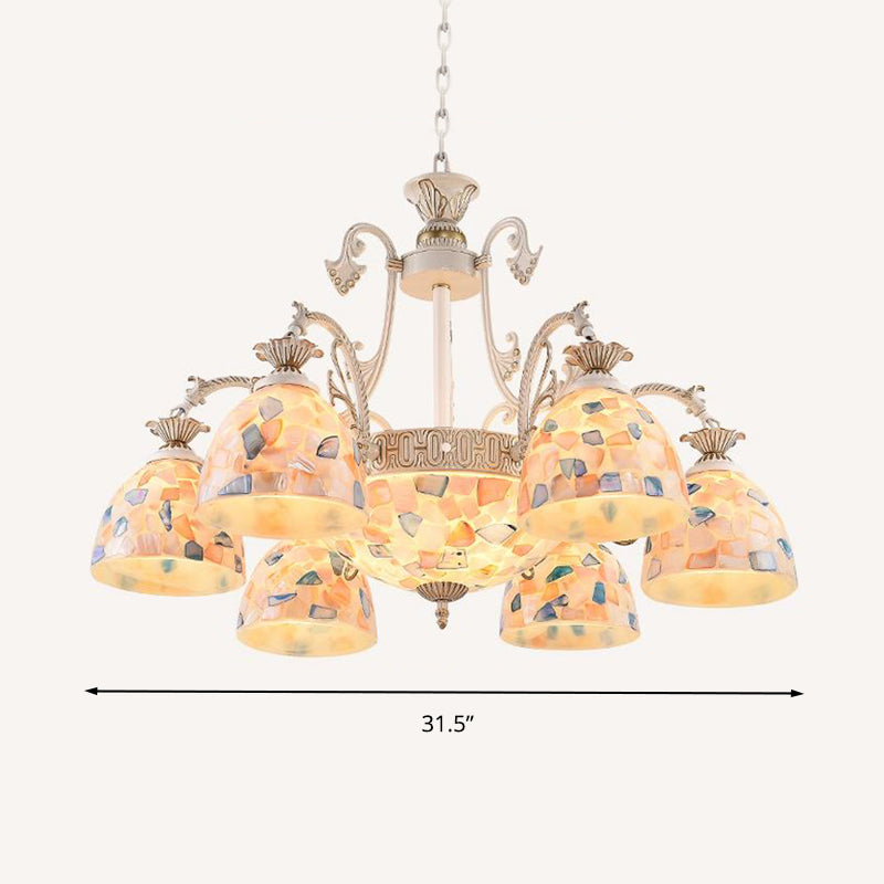 Stained Glass White and Gold Ceiling Chandelier Dome 3/5/9 Lights Tiffany Pendant Lighting Clearhalo 'Ceiling Lights' 'Chandeliers' 'Close To Ceiling Lights' 'Industrial' 'Middle Century Chandeliers' 'Tiffany Chandeliers' 'Tiffany close to ceiling' 'Tiffany' Lighting' 296565