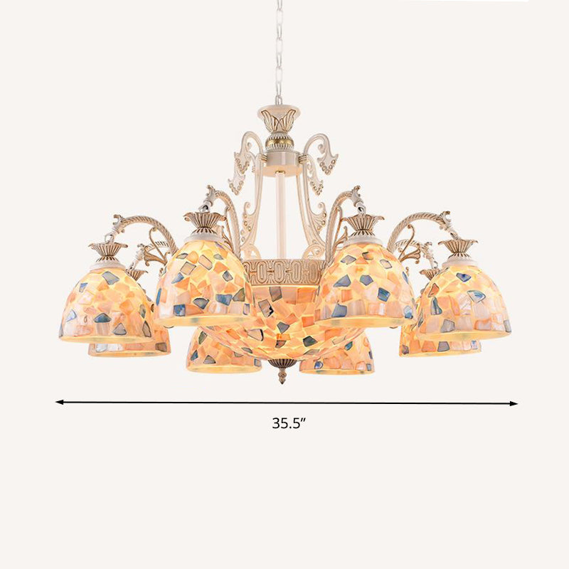 Stained Glass White and Gold Ceiling Chandelier Dome 3/5/9 Lights Tiffany Pendant Lighting Clearhalo 'Ceiling Lights' 'Chandeliers' 'Close To Ceiling Lights' 'Industrial' 'Middle Century Chandeliers' 'Tiffany Chandeliers' 'Tiffany close to ceiling' 'Tiffany' Lighting' 296567