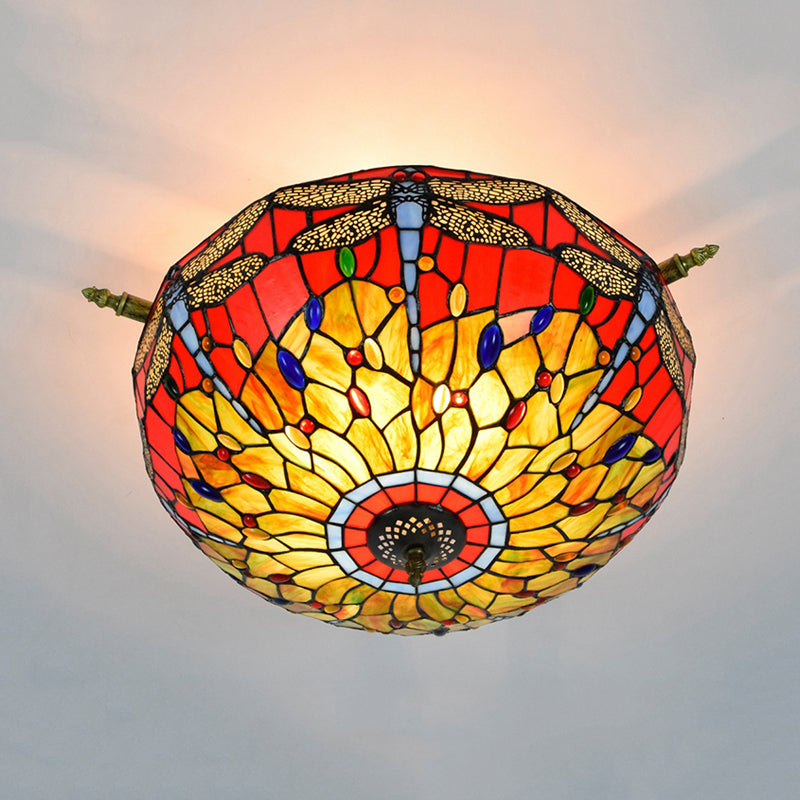 5 Lights Dragonfly Ceiling Lighting Tiffany Brass Stained Glass Semi Flush Mount Light, 21.5"/25.5" W Brass 21.5" Clearhalo 'Ceiling Lights' 'Chandeliers' 'Close To Ceiling Lights' 'Close to ceiling' 'Glass shade' 'Glass' 'Semi-flushmount' 'Tiffany close to ceiling' 'Tiffany' Lighting' 296568