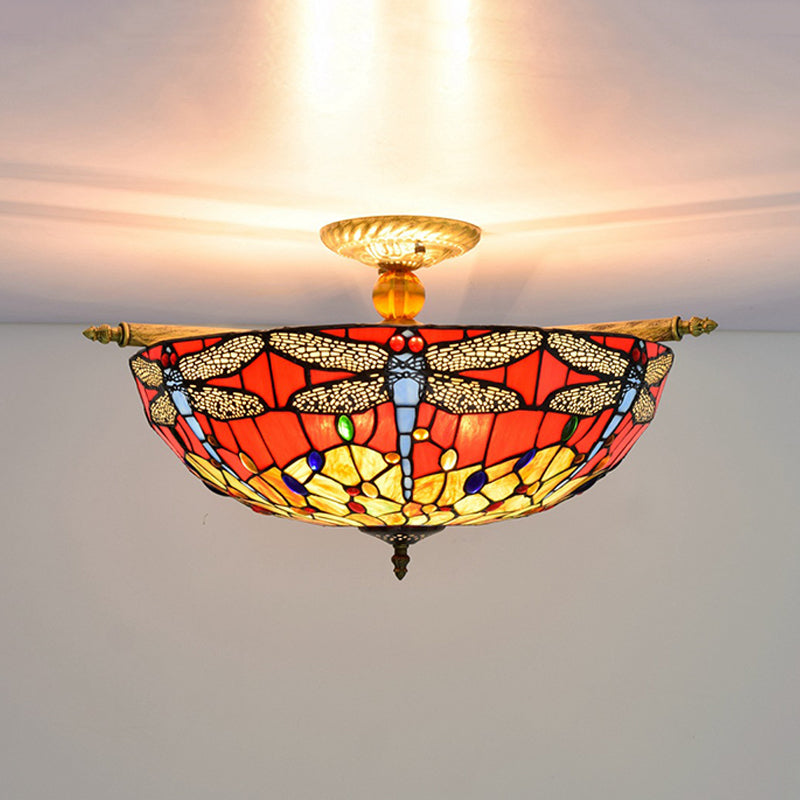 5 Lights Dragonfly Ceiling Lighting Tiffany Brass Stained Glass Semi Flush Mount Light, 21.5"/25.5" W Clearhalo 'Ceiling Lights' 'Chandeliers' 'Close To Ceiling Lights' 'Close to ceiling' 'Glass shade' 'Glass' 'Semi-flushmount' 'Tiffany close to ceiling' 'Tiffany' Lighting' 296569