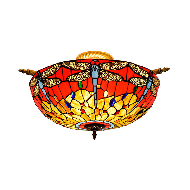 5 Lights Dragonfly Ceiling Lighting Tiffany Brass Stained Glass Semi Flush Mount Light, 21.5"/25.5" W Clearhalo 'Ceiling Lights' 'Chandeliers' 'Close To Ceiling Lights' 'Close to ceiling' 'Glass shade' 'Glass' 'Semi-flushmount' 'Tiffany close to ceiling' 'Tiffany' Lighting' 296571