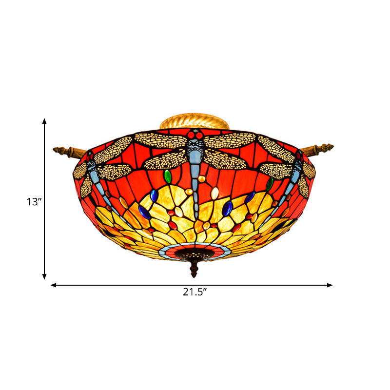5 Lights Dragonfly Ceiling Lighting Tiffany Brass Stained Glass Semi Flush Mount Light, 21.5"/25.5" W Clearhalo 'Ceiling Lights' 'Chandeliers' 'Close To Ceiling Lights' 'Close to ceiling' 'Glass shade' 'Glass' 'Semi-flushmount' 'Tiffany close to ceiling' 'Tiffany' Lighting' 296572