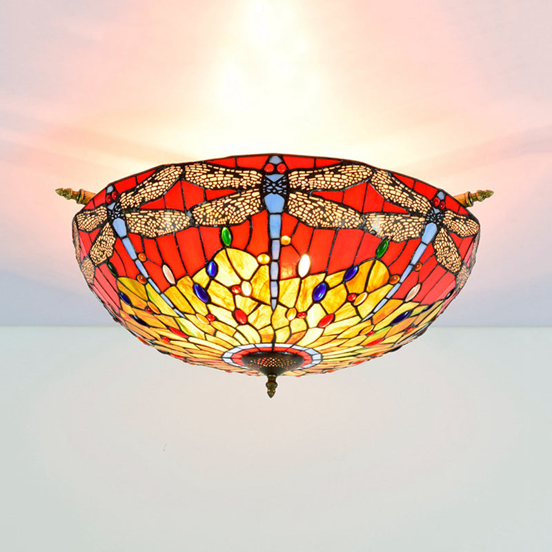 5 Lights Dragonfly Ceiling Lighting Tiffany Brass Stained Glass Semi Flush Mount Light, 21.5"/25.5" W Brass 25.5" Clearhalo 'Ceiling Lights' 'Chandeliers' 'Close To Ceiling Lights' 'Close to ceiling' 'Glass shade' 'Glass' 'Semi-flushmount' 'Tiffany close to ceiling' 'Tiffany' Lighting' 296573