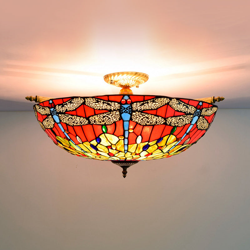 5 Lights Dragonfly Ceiling Lighting Tiffany Brass Stained Glass Semi Flush Mount Light, 21.5"/25.5" W Clearhalo 'Ceiling Lights' 'Chandeliers' 'Close To Ceiling Lights' 'Close to ceiling' 'Glass shade' 'Glass' 'Semi-flushmount' 'Tiffany close to ceiling' 'Tiffany' Lighting' 296574