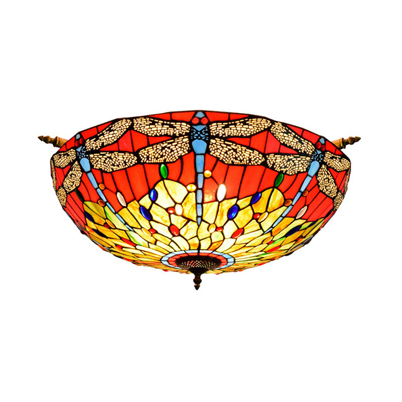 5 Lights Dragonfly Ceiling Lighting Tiffany Brass Stained Glass Semi Flush Mount Light, 21.5"/25.5" W Clearhalo 'Ceiling Lights' 'Chandeliers' 'Close To Ceiling Lights' 'Close to ceiling' 'Glass shade' 'Glass' 'Semi-flushmount' 'Tiffany close to ceiling' 'Tiffany' Lighting' 296575
