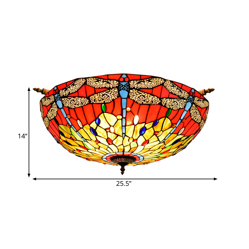 5 Lights Dragonfly Ceiling Lighting Tiffany Brass Stained Glass Semi Flush Mount Light, 21.5"/25.5" W Clearhalo 'Ceiling Lights' 'Chandeliers' 'Close To Ceiling Lights' 'Close to ceiling' 'Glass shade' 'Glass' 'Semi-flushmount' 'Tiffany close to ceiling' 'Tiffany' Lighting' 296576
