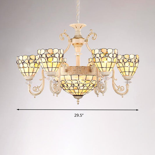 8 Lights Living Room Chandelier Tiffany Beige Suspension Light with Flower Stained Glass Shade Clearhalo 'Ceiling Lights' 'Chandeliers' 'Close To Ceiling Lights' 'Industrial' 'Middle Century Chandeliers' 'Tiffany Chandeliers' 'Tiffany close to ceiling' 'Tiffany' Lighting' 296578
