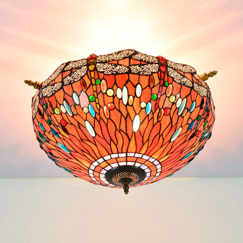Dragonfly Ceiling Flush Tiffany-Style Stained Art Glass 5 Heads Red/Blue Semi Flush Mount Light Fixture Red Clearhalo 'Ceiling Lights' 'Close To Ceiling Lights' 'Close to ceiling' 'Glass shade' 'Glass' 'Semi-flushmount' 'Tiffany close to ceiling' 'Tiffany' Lighting' 296582