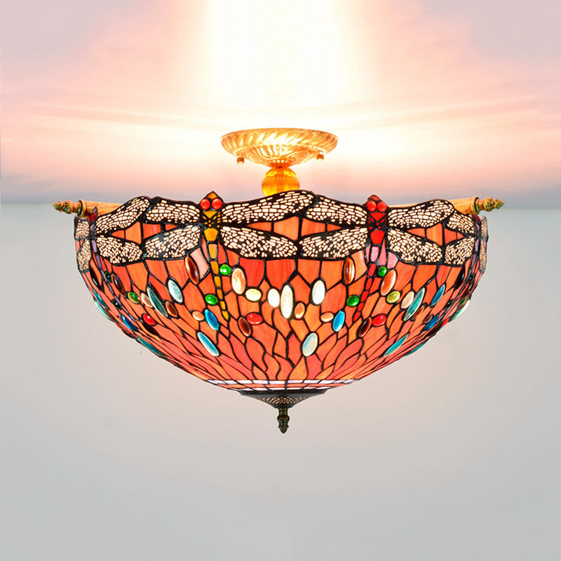 Dragonfly Ceiling Flush Tiffany-Style Stained Art Glass 5 Heads Red/Blue Semi Flush Mount Light Fixture Clearhalo 'Ceiling Lights' 'Close To Ceiling Lights' 'Close to ceiling' 'Glass shade' 'Glass' 'Semi-flushmount' 'Tiffany close to ceiling' 'Tiffany' Lighting' 296583