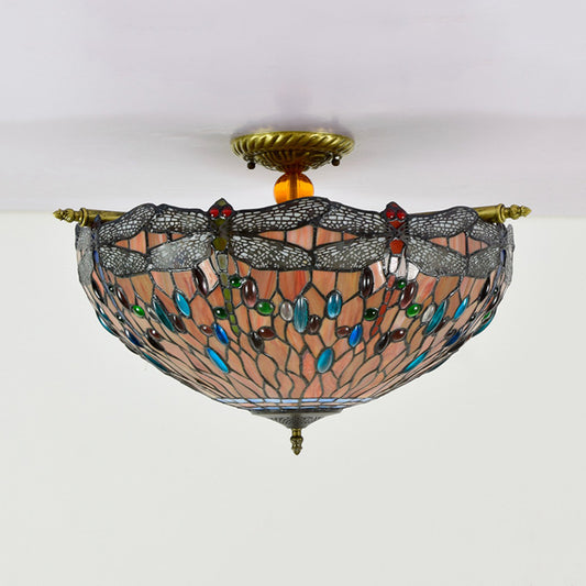 Dragonfly Ceiling Flush Tiffany-Style Stained Art Glass 5 Heads Red/Blue Semi Flush Mount Light Fixture Clearhalo 'Ceiling Lights' 'Close To Ceiling Lights' 'Close to ceiling' 'Glass shade' 'Glass' 'Semi-flushmount' 'Tiffany close to ceiling' 'Tiffany' Lighting' 296584