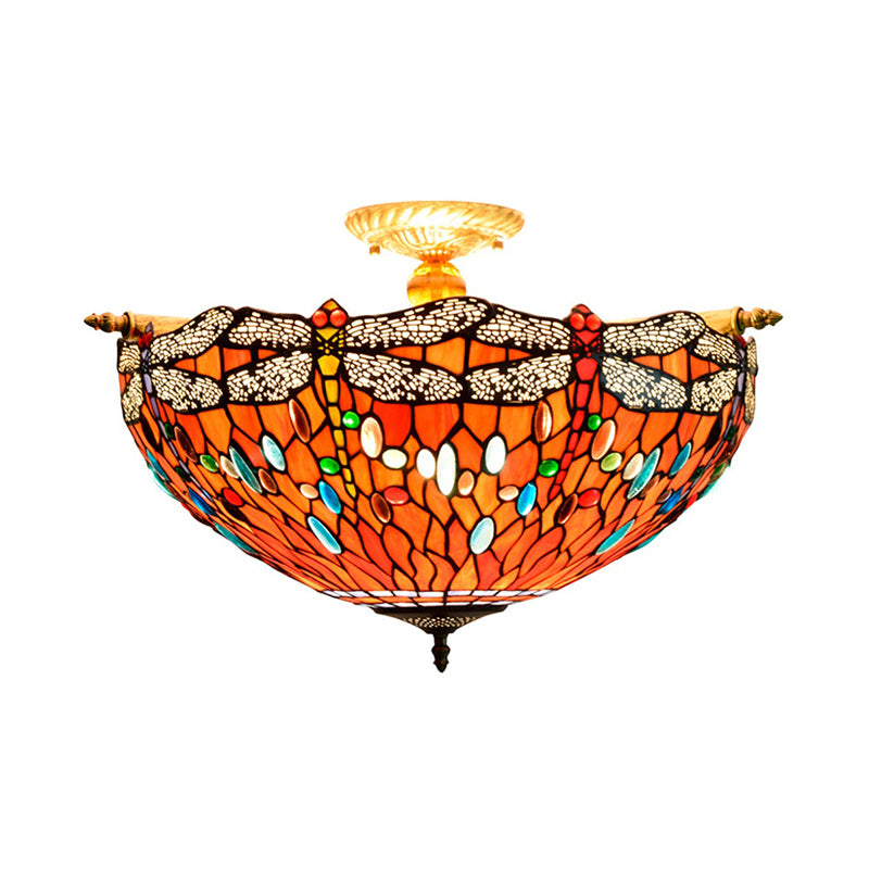 Dragonfly Ceiling Flush Tiffany-Style Stained Art Glass 5 Heads Red/Blue Semi Flush Mount Light Fixture Clearhalo 'Ceiling Lights' 'Close To Ceiling Lights' 'Close to ceiling' 'Glass shade' 'Glass' 'Semi-flushmount' 'Tiffany close to ceiling' 'Tiffany' Lighting' 296585