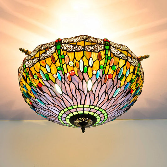 Dragonfly Ceiling Flush Tiffany-Style Stained Art Glass 5 Heads Red/Blue Semi Flush Mount Light Fixture Blue Clearhalo 'Ceiling Lights' 'Close To Ceiling Lights' 'Close to ceiling' 'Glass shade' 'Glass' 'Semi-flushmount' 'Tiffany close to ceiling' 'Tiffany' Lighting' 296587