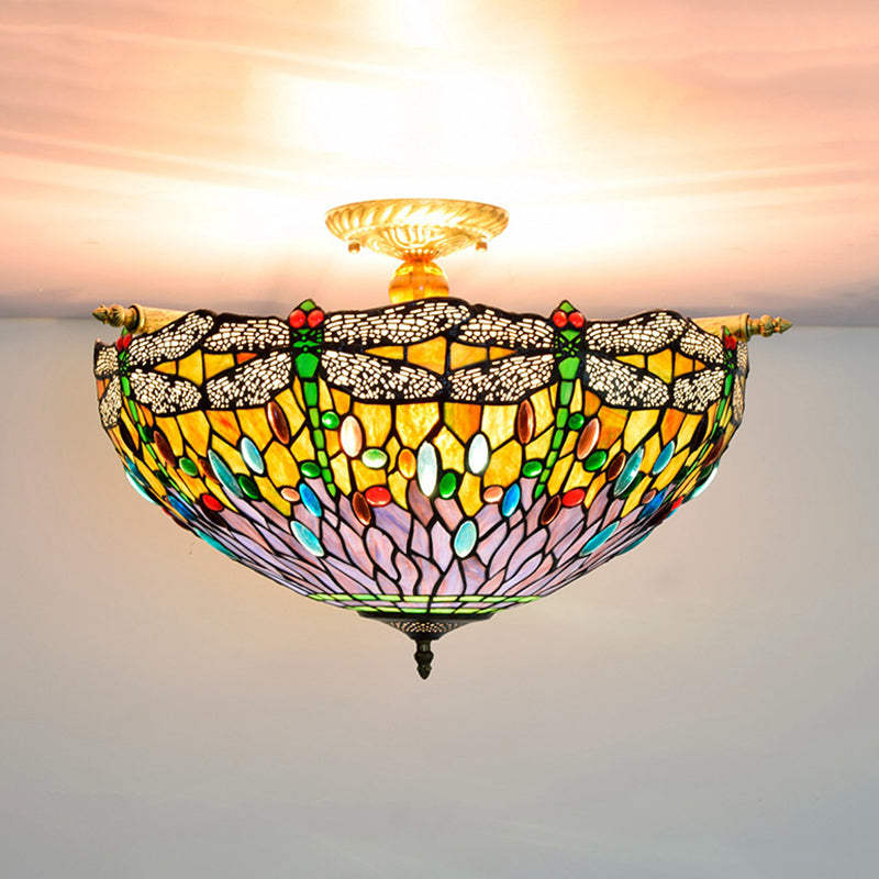 Dragonfly Ceiling Flush Tiffany-Style Stained Art Glass 5 Heads Red/Blue Semi Flush Mount Light Fixture Clearhalo 'Ceiling Lights' 'Close To Ceiling Lights' 'Close to ceiling' 'Glass shade' 'Glass' 'Semi-flushmount' 'Tiffany close to ceiling' 'Tiffany' Lighting' 296588