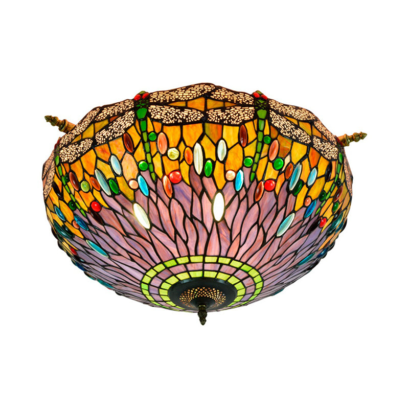 Dragonfly Ceiling Flush Tiffany-Style Stained Art Glass 5 Heads Red/Blue Semi Flush Mount Light Fixture Clearhalo 'Ceiling Lights' 'Close To Ceiling Lights' 'Close to ceiling' 'Glass shade' 'Glass' 'Semi-flushmount' 'Tiffany close to ceiling' 'Tiffany' Lighting' 296589