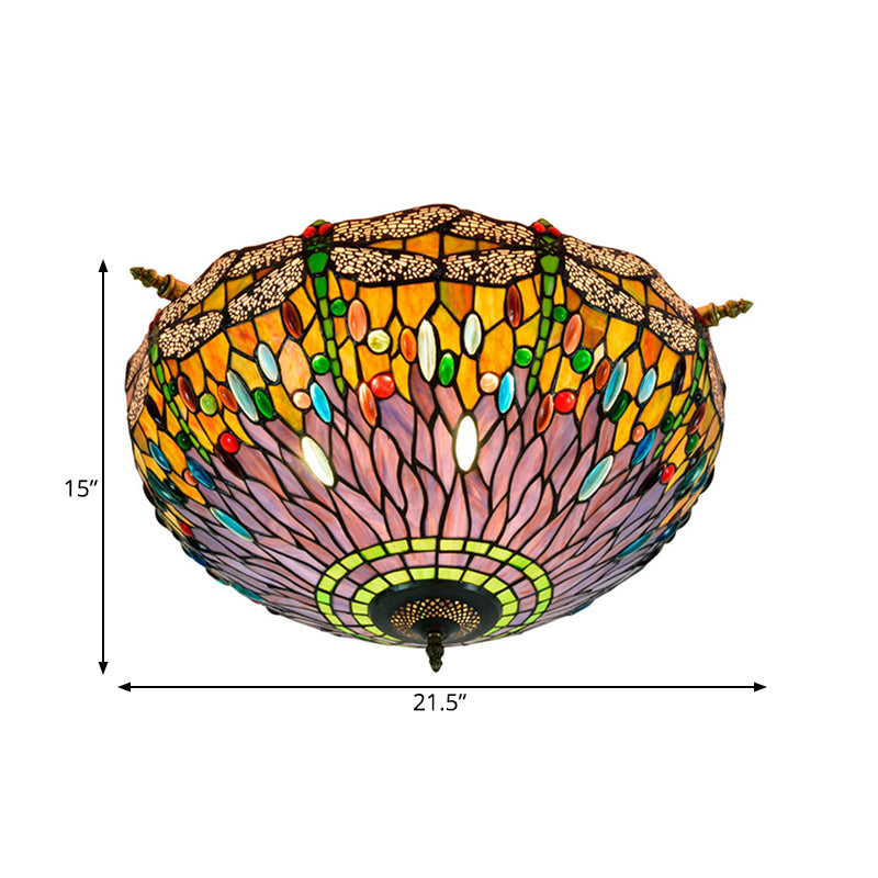 Dragonfly Ceiling Flush Tiffany-Style Stained Art Glass 5 Heads Red/Blue Semi Flush Mount Light Fixture Clearhalo 'Ceiling Lights' 'Close To Ceiling Lights' 'Close to ceiling' 'Glass shade' 'Glass' 'Semi-flushmount' 'Tiffany close to ceiling' 'Tiffany' Lighting' 296590