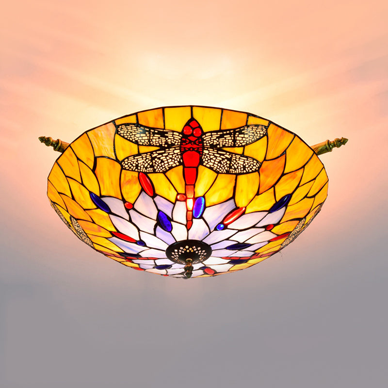 Stained Glass Dragonfly Ceiling Fixture Tiffany 5 Lights Brass Semi Flush Mount Light for Bedroom Brass Clearhalo 'Ceiling Lights' 'Close To Ceiling Lights' 'Close to ceiling' 'Glass shade' 'Glass' 'Semi-flushmount' 'Tiffany close to ceiling' 'Tiffany' Lighting' 296596