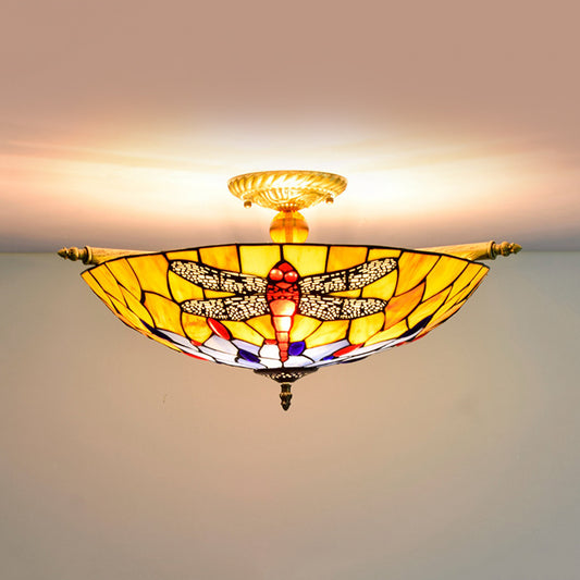 Stained Glass Dragonfly Ceiling Fixture Tiffany 5 Lights Brass Semi Flush Mount Light for Bedroom Clearhalo 'Ceiling Lights' 'Close To Ceiling Lights' 'Close to ceiling' 'Glass shade' 'Glass' 'Semi-flushmount' 'Tiffany close to ceiling' 'Tiffany' Lighting' 296597