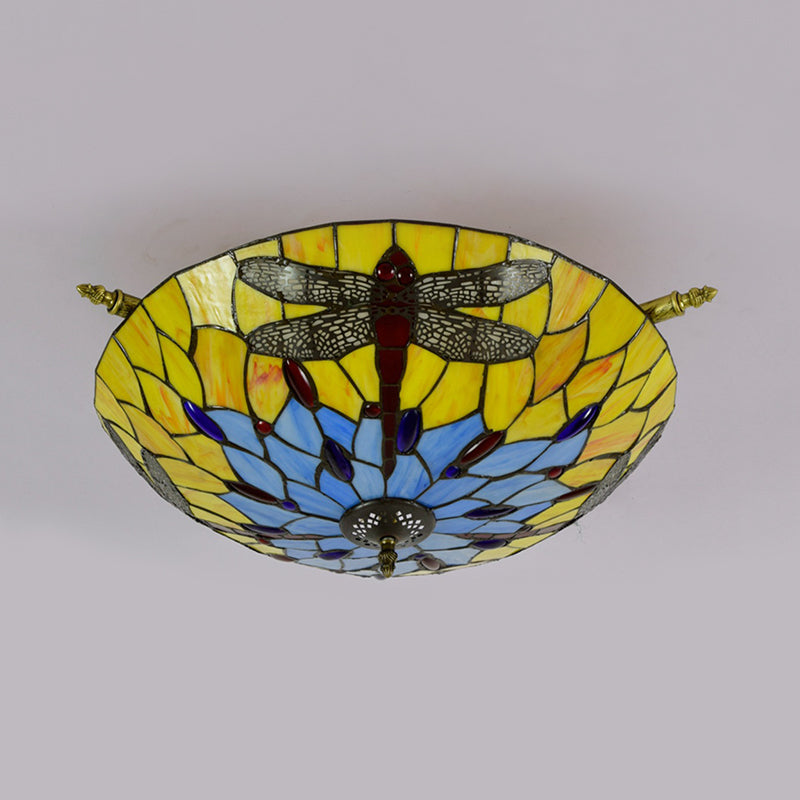 Stained Glass Dragonfly Ceiling Fixture Tiffany 5 Lights Brass Semi Flush Mount Light for Bedroom Clearhalo 'Ceiling Lights' 'Close To Ceiling Lights' 'Close to ceiling' 'Glass shade' 'Glass' 'Semi-flushmount' 'Tiffany close to ceiling' 'Tiffany' Lighting' 296598