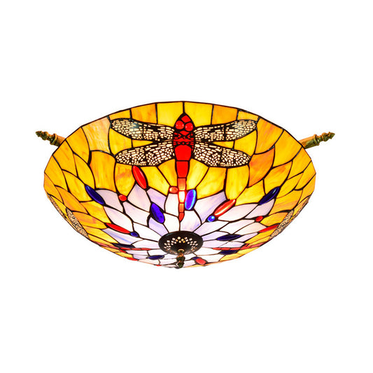 Stained Glass Dragonfly Ceiling Fixture Tiffany 5 Lights Brass Semi Flush Mount Light for Bedroom Clearhalo 'Ceiling Lights' 'Close To Ceiling Lights' 'Close to ceiling' 'Glass shade' 'Glass' 'Semi-flushmount' 'Tiffany close to ceiling' 'Tiffany' Lighting' 296599