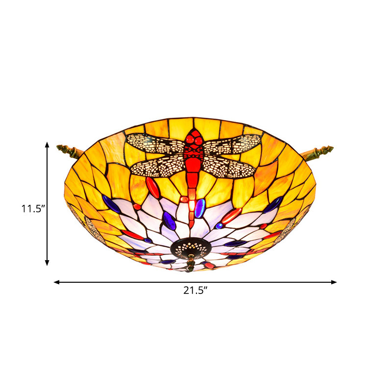 Stained Glass Dragonfly Ceiling Fixture Tiffany 5 Lights Brass Semi Flush Mount Light for Bedroom Clearhalo 'Ceiling Lights' 'Close To Ceiling Lights' 'Close to ceiling' 'Glass shade' 'Glass' 'Semi-flushmount' 'Tiffany close to ceiling' 'Tiffany' Lighting' 296600
