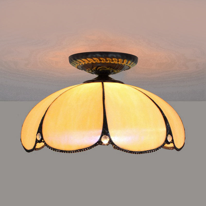 1 Light Scalloped Ceiling Lighting Tiffany White Metal Flush Mount Light Fixture for Bedroom Clearhalo 'Ceiling Lights' 'Close To Ceiling Lights' 'Close to ceiling' 'Flush mount' Lighting' 296613