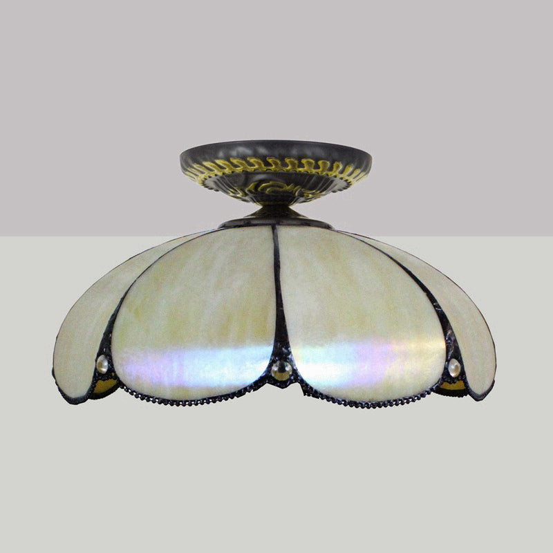 1 Light Scalloped Ceiling Lighting Tiffany White Metal Flush Mount Light Fixture for Bedroom Clearhalo 'Ceiling Lights' 'Close To Ceiling Lights' 'Close to ceiling' 'Flush mount' Lighting' 296614