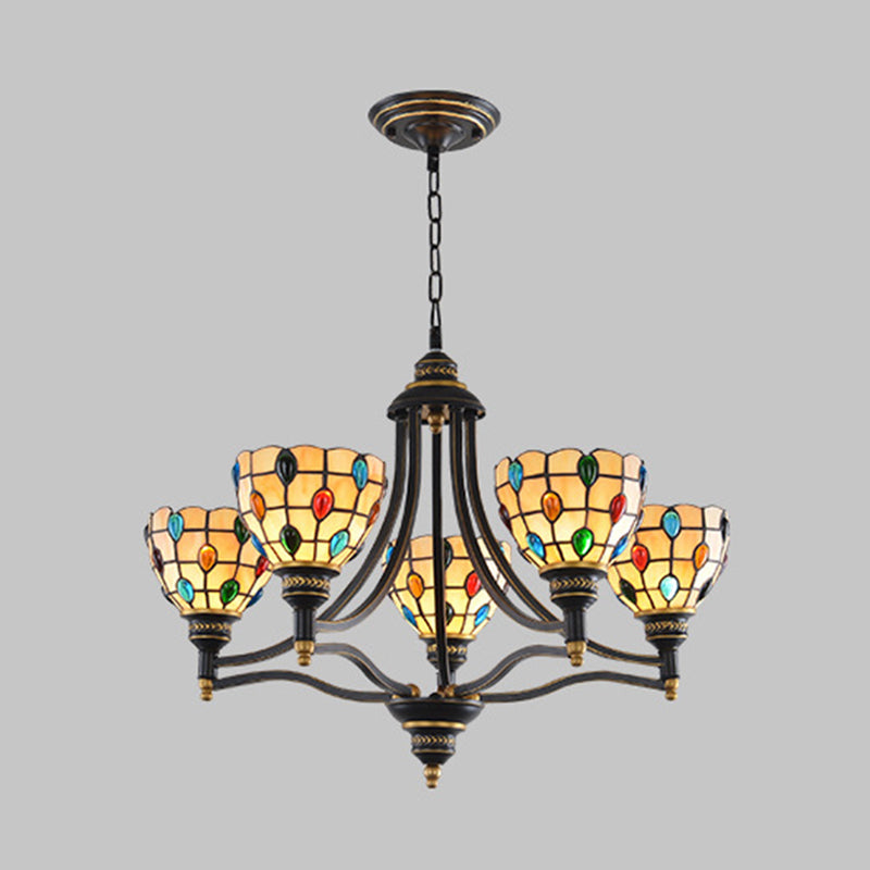 Beaded Chandelier Lighting Tiffany Style Stained Glass 3/6/8 Lights Black and Gold Ceiling Pendant Clearhalo 'Ceiling Lights' 'Chandeliers' 'Industrial' 'Middle Century Chandeliers' 'Tiffany Chandeliers' 'Tiffany close to ceiling' 'Tiffany' Lighting' 296618